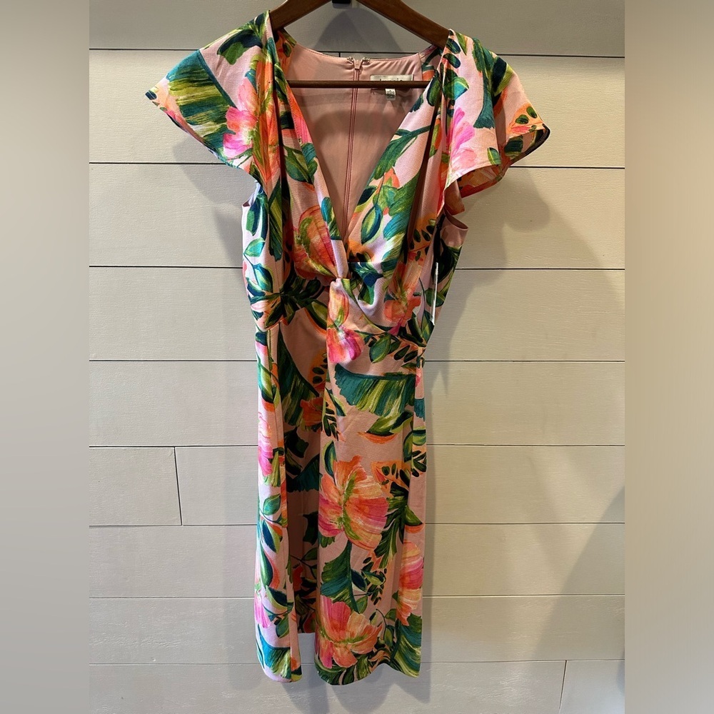 Kensie Women’s Floral Pink V-Neck Midi Dress with Green Leaf Print- size 2